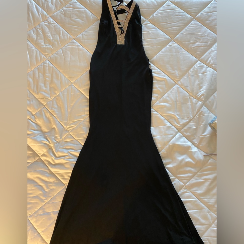 Black evening gown with rhinestone neck. Size Small
